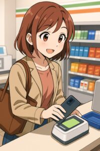 コンビニでおサイフケータイを使う女性