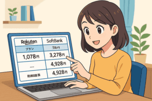 楽天モバイルとソフトバンクの料金比較をサイトでチェックする女性（アニメ風イラスト）