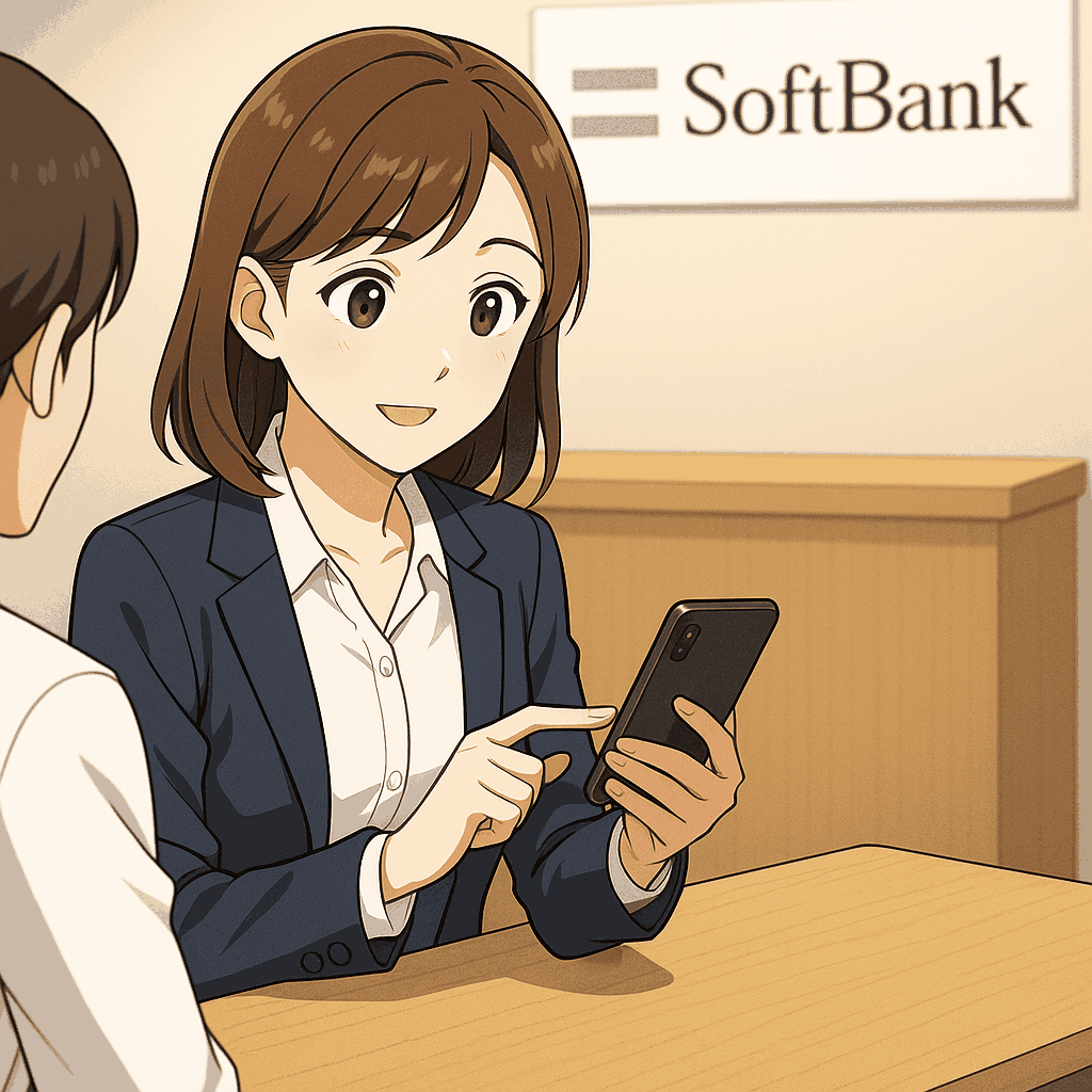 ソフトバンクショップ店頭で乗り換え手続きをする女性（アニメ風イラスト）